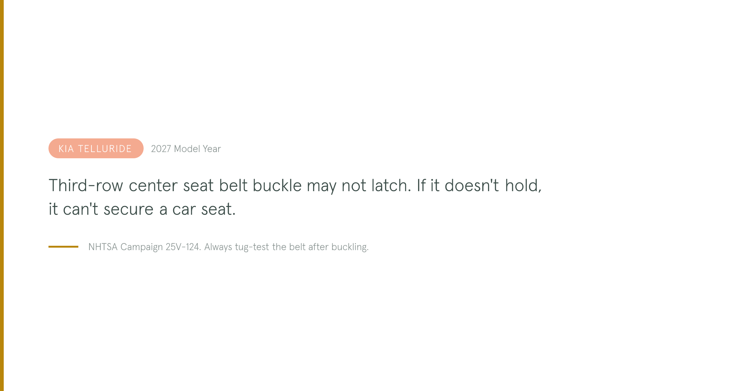 2027 Kia Telluride third-row center seat belt buckle recall